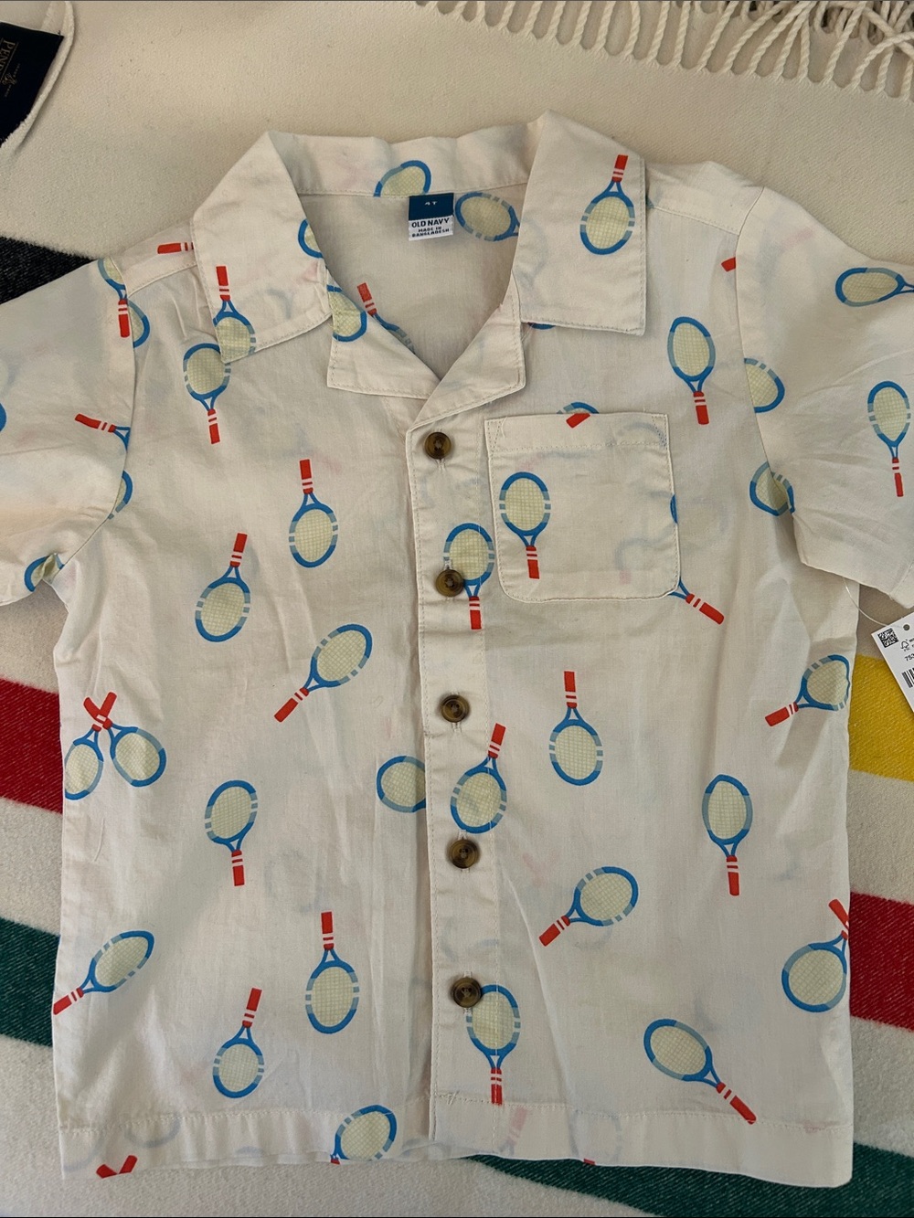 Old Navy White Short-Sleeve Button-Up with Blue & Red Tennis Rackets